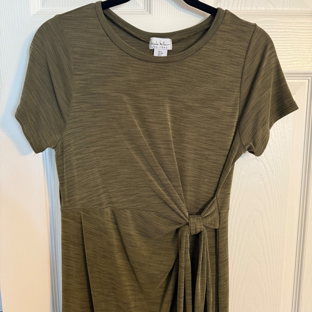 Nicole Miller New York Olive Green Ribbed Knit Tie Front Midi Dress S - Picture 2 of 5